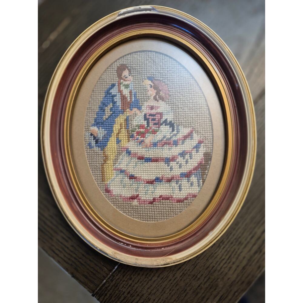 Oval Framed Needle Point Victorian Couple